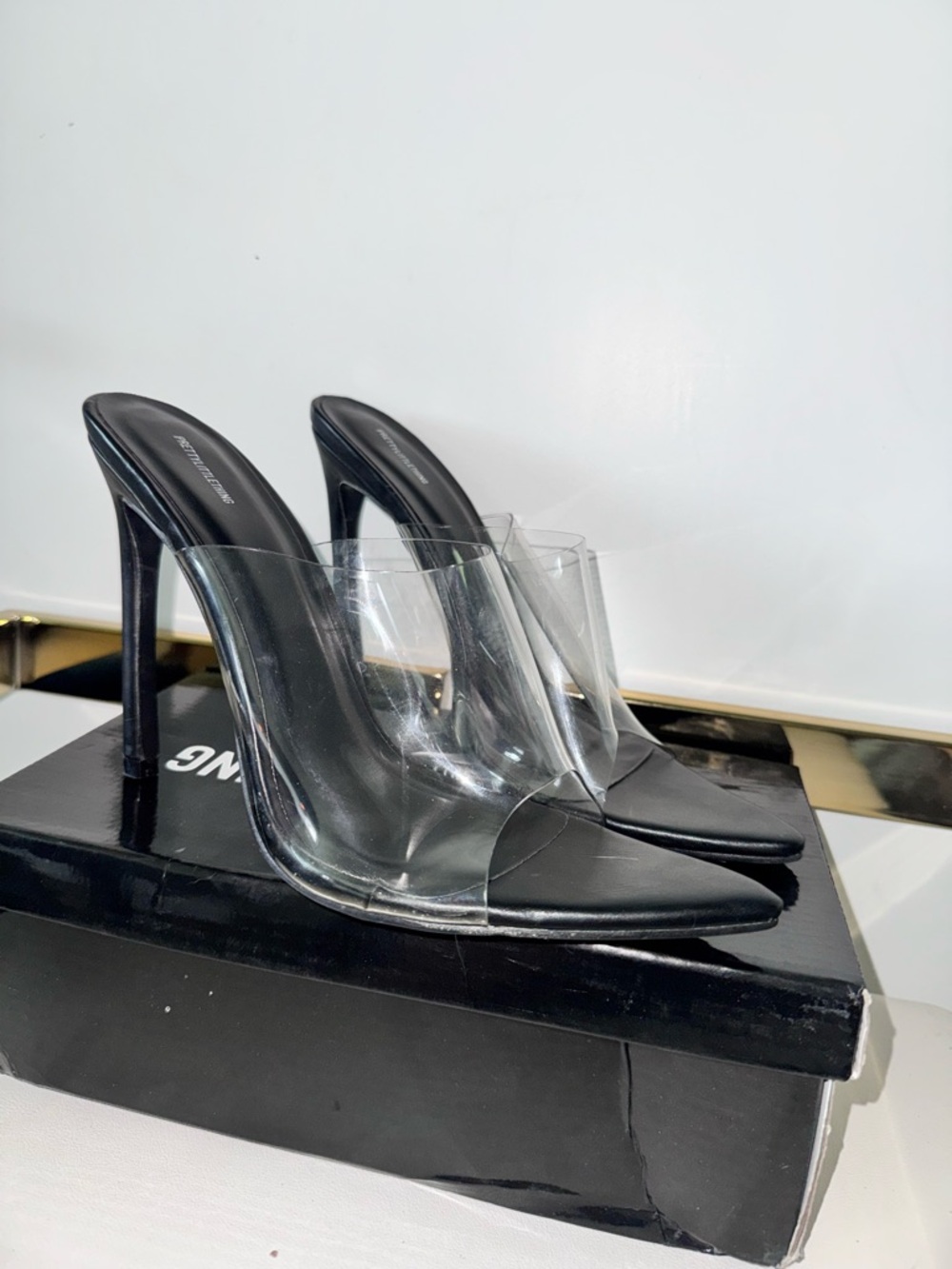 PrettyLittleThing Black Pointed Clear PVC Stiletto Mules
